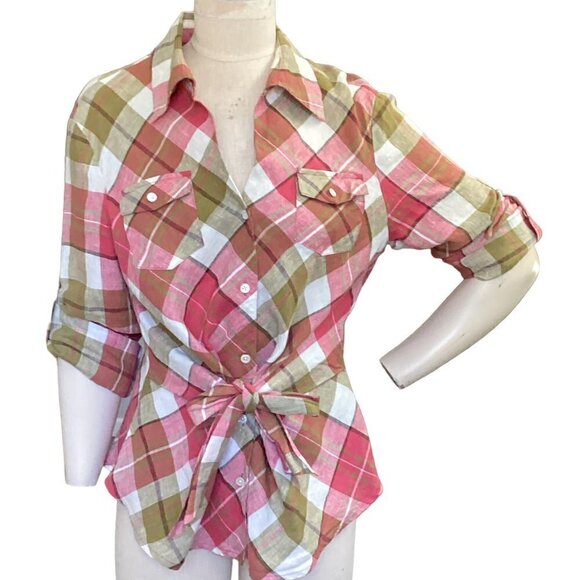 Jones New York Signature Tops - Jones New York Signature Linen Plaid Button Down Shirt Tie Waist Sz L #77M
